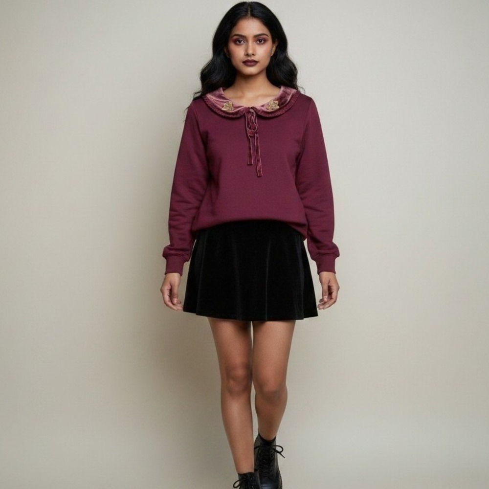 Joanie Burgundy Bee Embroidered Velvet Peter Pan Collar Top Long Sleeve Size M